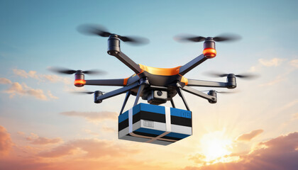 A drone delivers a box with a Estonia flag. The concept of delivering goods, food from stores to the client’s home in the Estonia. - obrazy, fototapety, plakaty