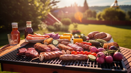 Food cooking on grill with meat, veggies fast, natural cuisine dish