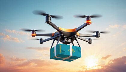 A drone delivers a box with a Kazakhstan flag. The concept of delivering goods, food from stores to the client’s home in the Kazakhstan.