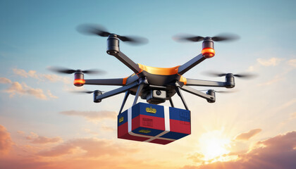 A drone delivers a box with a Liechtenstein flag. The concept of delivering goods, food from stores to the client’s home in the Liechtenstein.