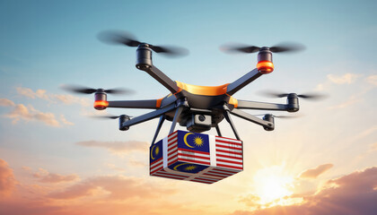 A drone delivers a box with a Malaysia flag. The concept of delivering goods, food from stores to the client’s home in the Malaysia.