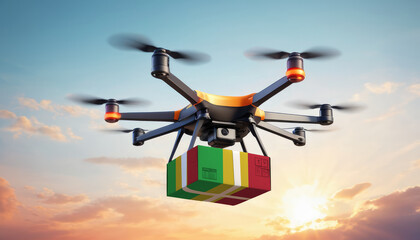 A drone delivers a box with a Mali flag. The concept of delivering goods, food from stores to the client’s home in the Mali.