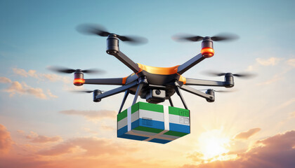 A drone delivers a box with a Sierra Leone flag. The concept of delivering goods, food from stores to the client’s home in the Sierra Leone. - obrazy, fototapety, plakaty