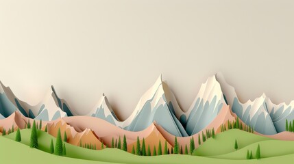 Colorful paper art forest and mountains. A creative panoramic paper art of a forest with bright colored trees against white mountains and a backdrop. Great for christmas postcard design inspiration