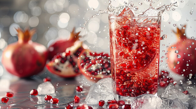 Pomegranate Splash. A glass with pomegranate seeds and ice cubes, with whole pomegranates in the back and a blurred light background.