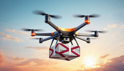 A drone delivers a box with a Alabama flag. The concept of delivering goods, food from stores to the client’s home in the Alabama.