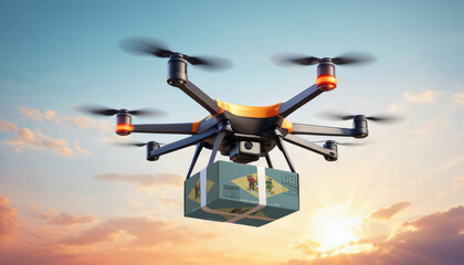 A drone delivers a box with a Delaware flag. The concept of delivering goods, food from stores to the client’s home in the Delaware.