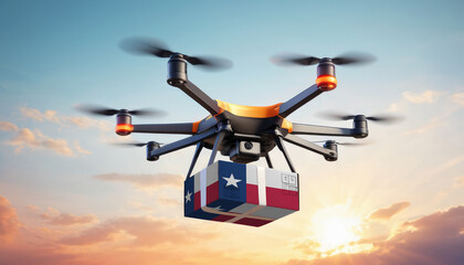 A drone delivers a box with a Texas flag. The concept of delivering goods, food from stores to the client’s home in the Texas.