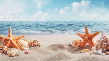 Fototapeta na wymiar Seashells and starfish on a sandy beach with the ocean in the background