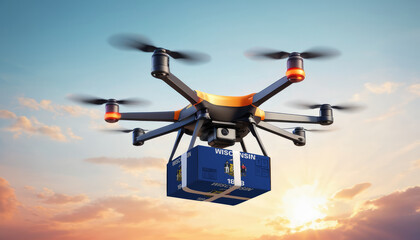 A drone delivers a box with a Wisconsin flag. The concept of delivering goods, food from stores to the client’s home in the Wisconsin.
