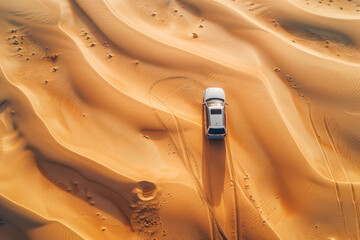 Aerial drone view of a car on desert sand dunes.