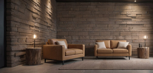 Modern cozy brown beige living room interior with stone bricks wall. - obrazy, fototapety, plakaty