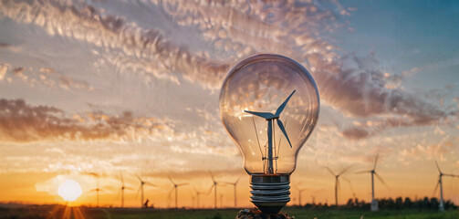 Glowing light bulb on nature landscape and wind turbines. Alternative energy concept. - obrazy, fototapety, plakaty