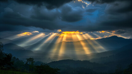 Enchanted Twilight: Sunlight Filters Through Low Clouds at Sunset.