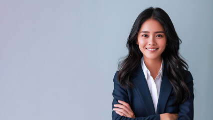 Malay businesswoman smile in formal white blue suit arm cross isolated