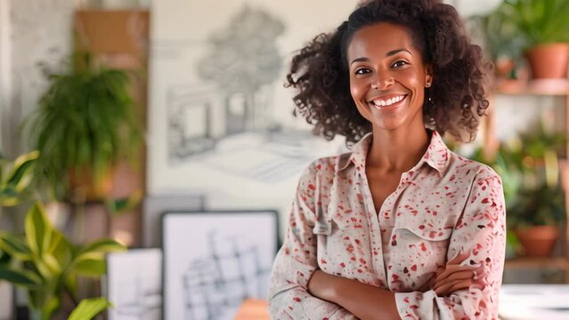 Confident African American woman smiling in creative office space.