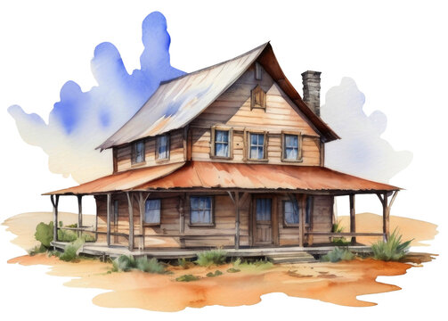 Wooden house in the village. Watercolor illustration on white background, Western concept.
