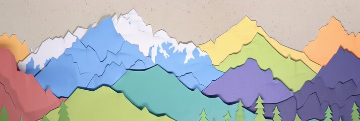 Obraz premium Colorful paper art forest and mountains. A creative panoramic paper art of a forest with bright colored trees against white mountains and a backdrop. Great for christmas postcard design inspiration