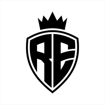 recommend clip art: RE Letter monogram shield and crown outline shape with black and white color design