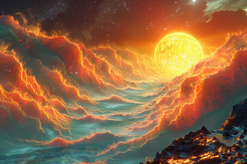 Alien Planet with Fiery Lava Rivers and Glowing Orb - obrazy, fototapety, plakaty