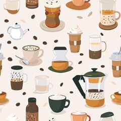 Embrace the joy of specialty coffee featuring an adorable collection of flat icons meticulously hand-drawn and arranged in an enchanting repeating design