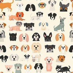 Unleash the cuteness with this delightful seamless pattern featuring a parade of dog breeds doodled in an irresistible flat vector style