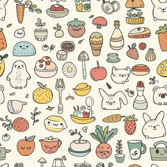 Wallpaper with whimsical doodles of cute animals, foods, plants, and household objects arranged in a seamless repeating pattern, pastel color palette