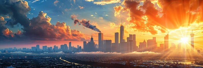Sunset over city with dramatic cloudscape - A breathtaking cityscape illuminated by a golden sunset with dramatic clouds looming above, reflecting a vibrant energy - obrazy, fototapety, plakaty