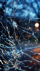 Shattered glass with blue light effects - A close-up of a shattered glass pane with a spiderweb-like pattern illuminated by ambient blue light