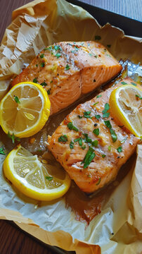 Lemon and parsley topped salmon on parchment - A delectable food image showing salmon fillets topped with lemon slices and parsley on parchment paper, ready to be served