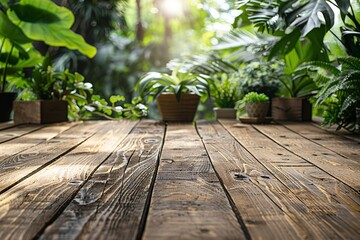 Plank table made of wood with tropical plants and leaves. Generative Ai