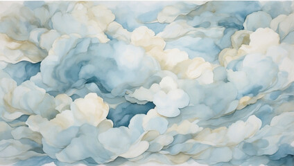 Ethereal watercolor backdrop featuring hues of cerulean, aquamarine, and ivory, reminiscent of a serene sky with wispy clouds.