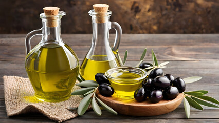 olive oil set glass bottle of olive oil with olives