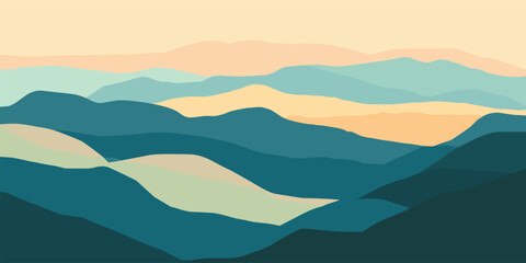 Modern Landscape Poster Design, Mountain Scenery in Geometric Banner Style with Abstract Vector Art and Wavy Shapes