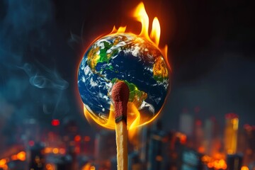 Burning matchstick with Earth as the head - obrazy, fototapety, plakaty