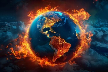 Obraz na płótnie Canvas Earth engulfed in flames, continents outlined by fire