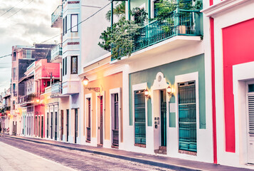 San Juan, Puerto Rico - March 26, 2024: Colourful cityscapes of the old town of San Juan, Puerto...