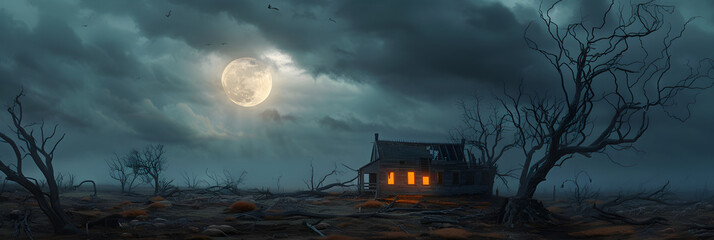 Dread Sobriety: Dusk of Nightmare - Gloomy Landscape with Haunted House under Full Moon - obrazy, fototapety, plakaty
