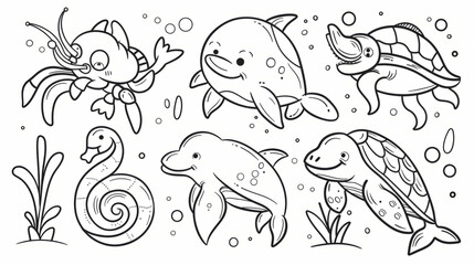 Bundle of Underwater animals for kids with simple lines.