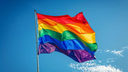 Rainbow of Pride. vibrant pride flag, a symbol of the diverse LGBTQ+ community, is waving against a striking blue sky backdrop.