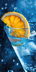 Blue Martini Cocktail with Orange Slice and Maraschino Cherry - Closeup of Cold Alcohol Drink with Citrus Colors - obrazy, fototapety, plakaty