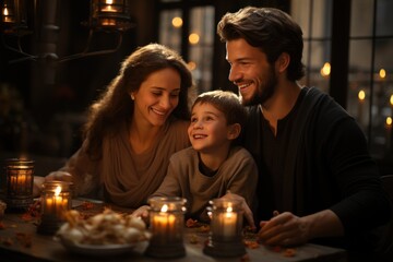 Happy Muslim family at dinner table during Ramadan.