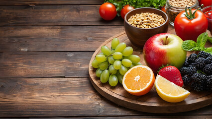 selection of healthy food on rustic wooden background
