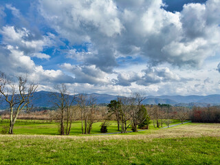 Beautiful spring valley in Cades Cove at the base of the Smoky Mountains on the Tennessee side
