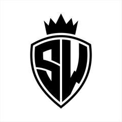 SW Letter monogram shield and crown outline shape with black and white color design