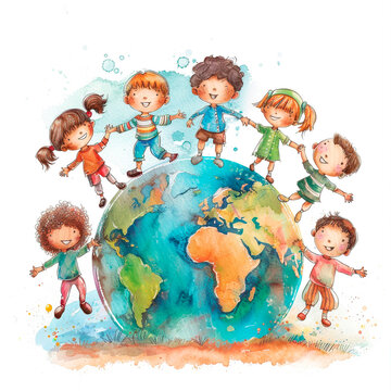 International earth day illustration. Children of different nationalities on planet Earth. Friendship of Peoples. Watercolor illustration.