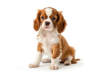 Cavalier King Charles Spaniel Puppy Sitting, Isolated on White Studio Background - Adorable Dog and Pet Animal