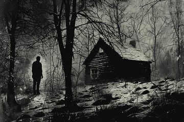The Watcher in the Woods, Deep in the woods stands a lone, weathered cabin watched over by a solitary figure that never seems to blink or move - obrazy, fototapety, plakaty