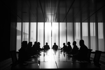 A shadowy boardroom negotiation, participants silhouetted against stark lighting, tense postures, high stakes invisible to the eye - obrazy, fototapety, plakaty