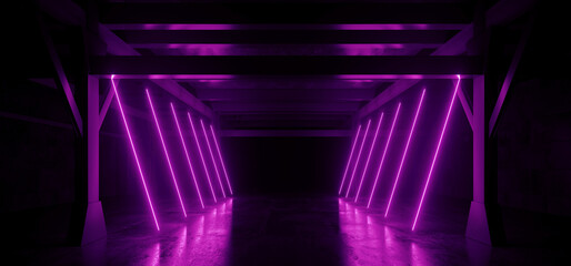 Dark Laser Neon Purple Tunnel Corridor Line Lights Glowing On Warehouse Concrete Asphalt Hangar Underground Showroom Metal Structures Empty Background 3D Rendering - 783907540
